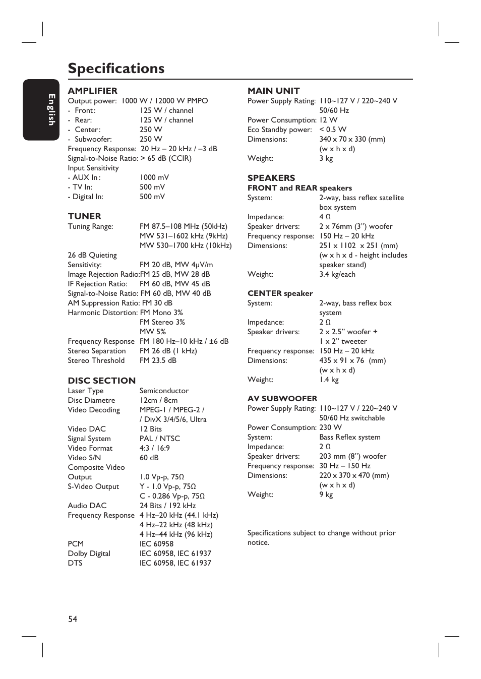 Specifi cations | Philips HTS4750 User Manual | Page 54 / 55