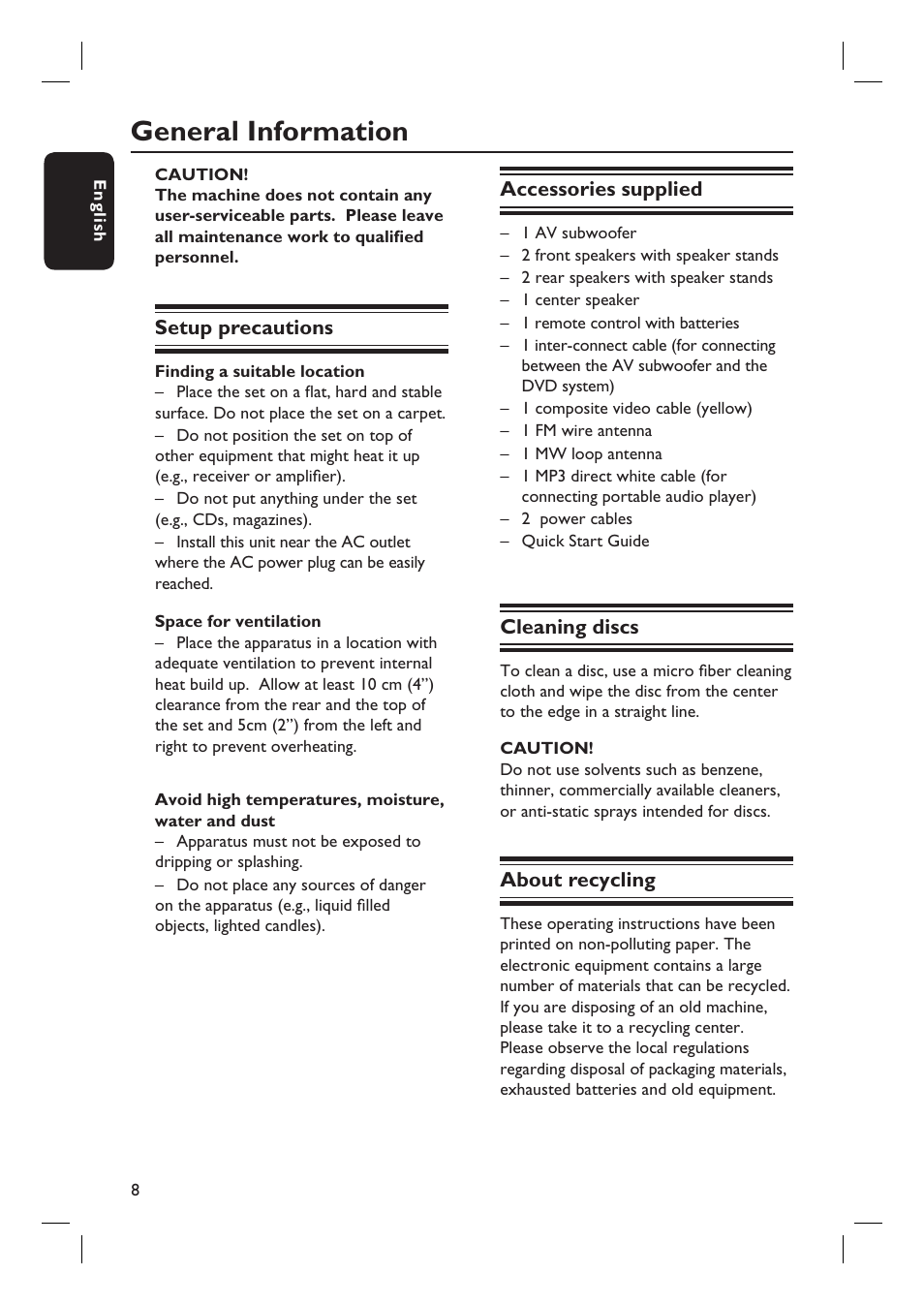 General information | Philips HTS4750 User Manual | Page 8 / 55