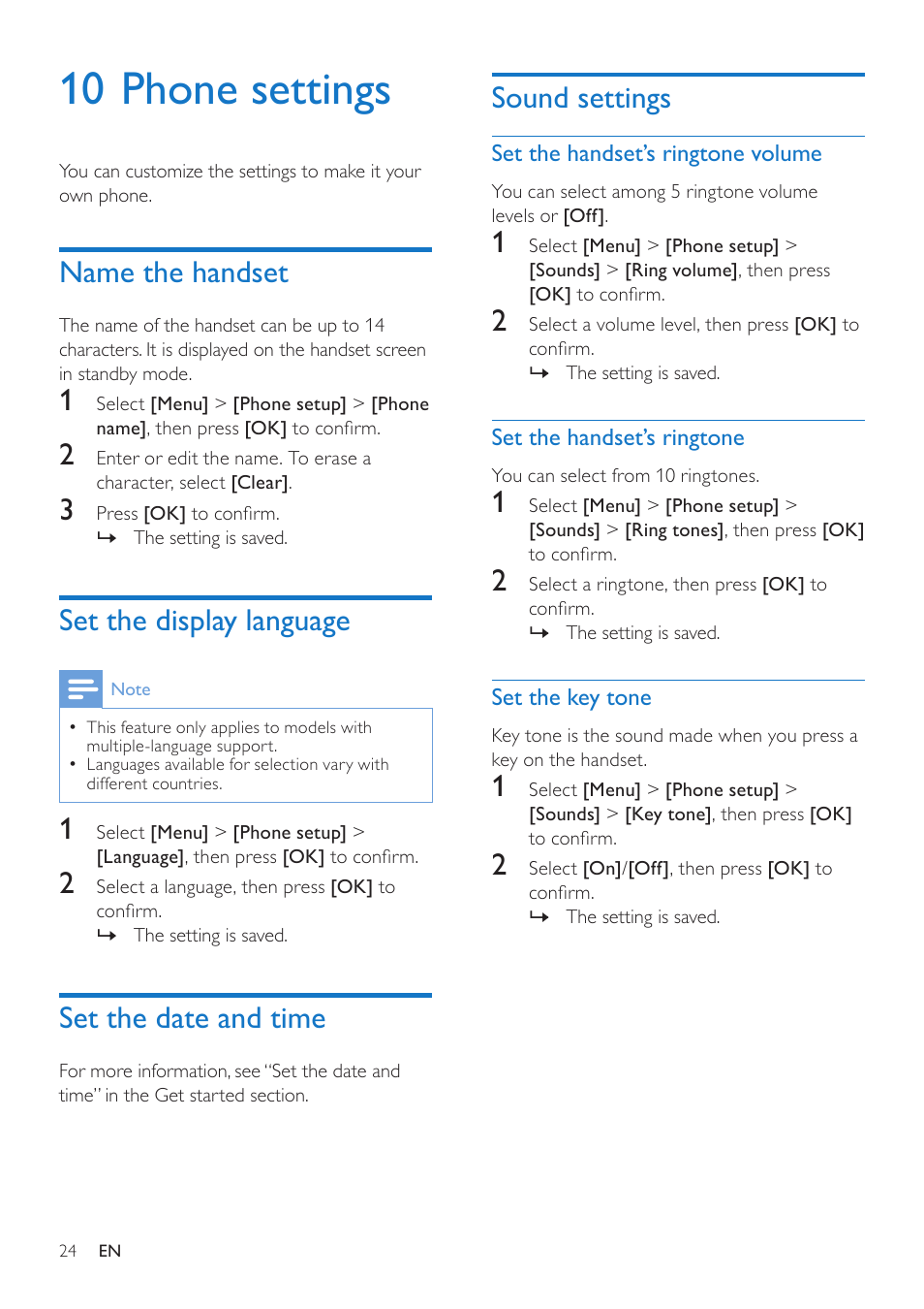 10 phone settings, Name the handset, Set the display language | Set the date and time, Sound settings, Set the handset’s ringtone volume, Set the handset’s ringtone, Set the key tone | Philips CD280 User Manual | Page 24 / 40
