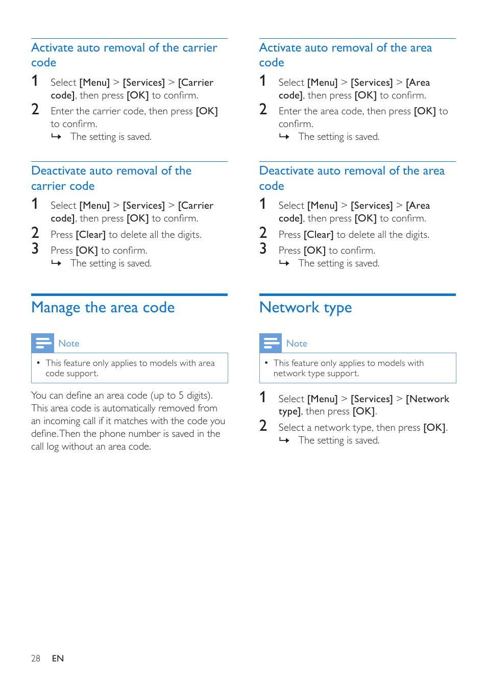 Activate auto removal of the carrier code, Deactivate auto removal of the carrier code, Manage the area code | Activate auto removal of the area code, Deactivate auto removal of the area code, Network type | Philips CD280 User Manual | Page 28 / 40