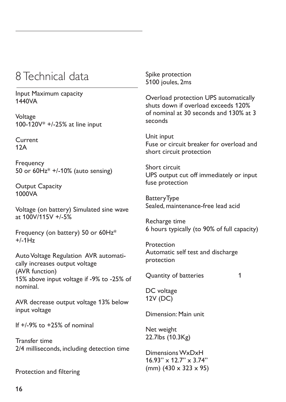 8 technical data | Philips SPB4230WA/17 User Manual | Page 16 / 20