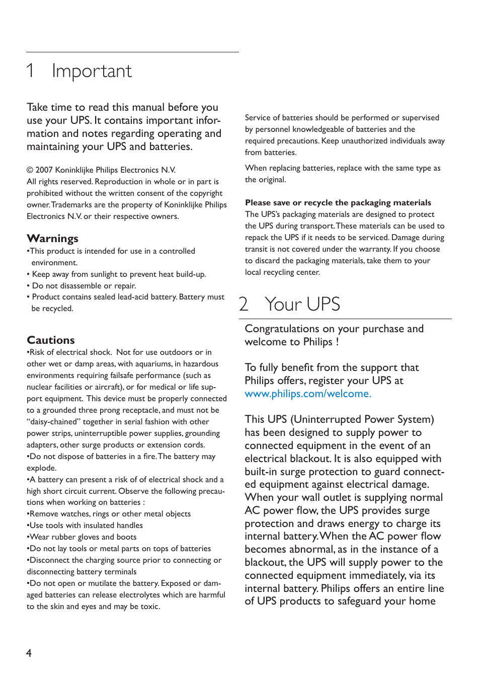 1 important, 2 your ups | Philips SPB4230WA/17 User Manual | Page 4 / 20