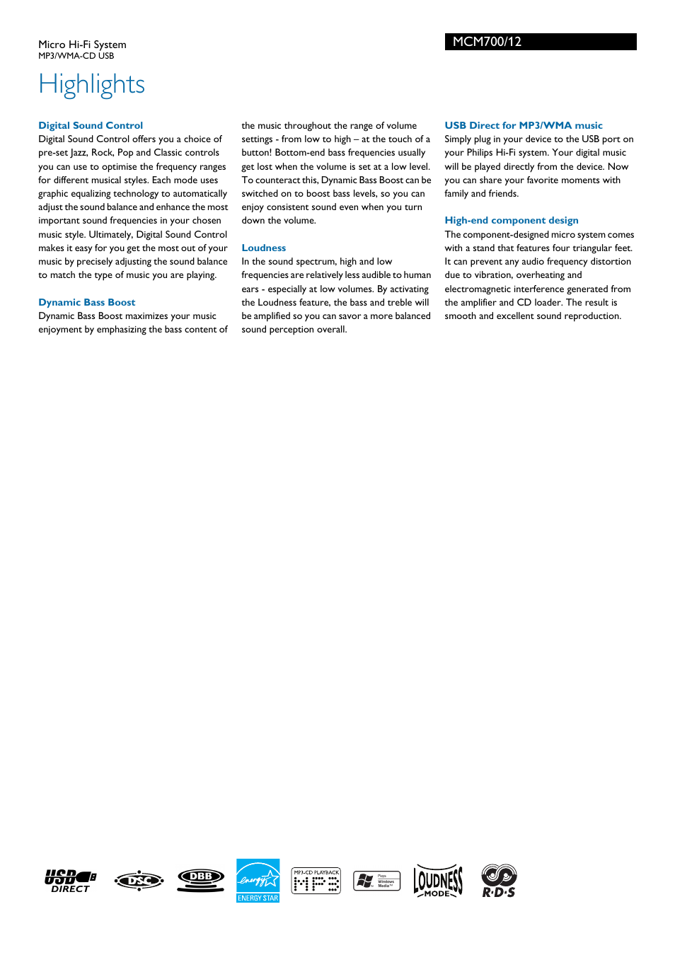 Highlights | Philips Micro Hi-Fi System MCM700 User Manual | Page 2 / 3