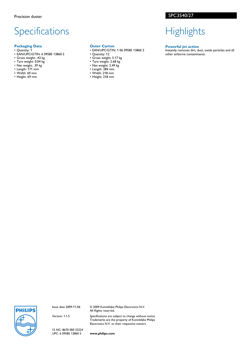 Specifications, Highlights | Philips SPC3540/27 User Manual | Page 2 / 2