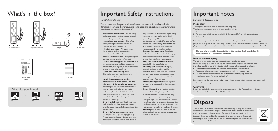 Important safety instructions, What’s in the box, Disposal | What else you'll need, For us/canada only, For united kingdom only | Philips MMS 321 User Manual | Page 2 / 2