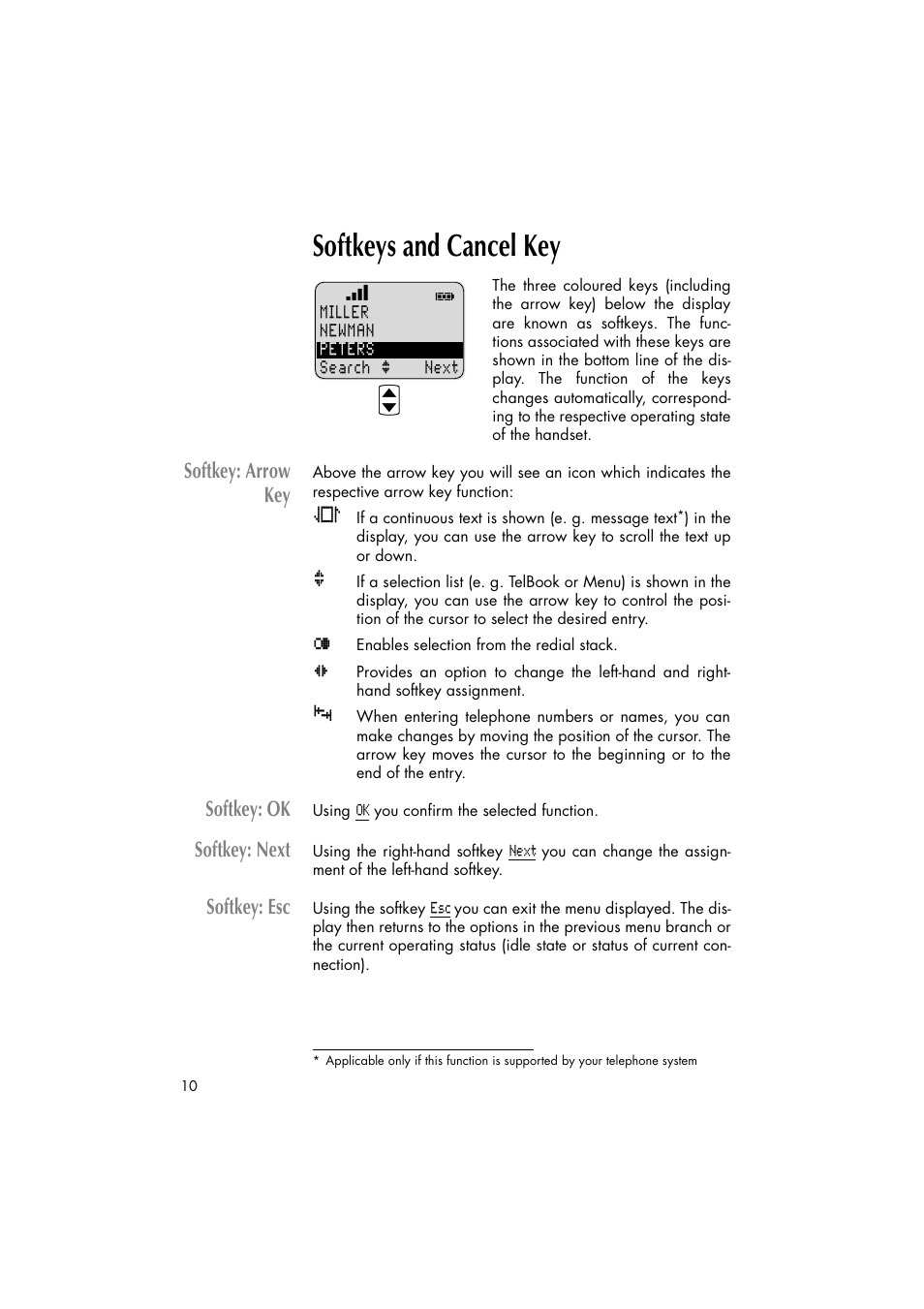 Softkeys and cancel key, Softkey: arrow key, Softkey: ok | Softkey: next, Softkey: esc | Philips C922 User Manual | Page 12 / 38