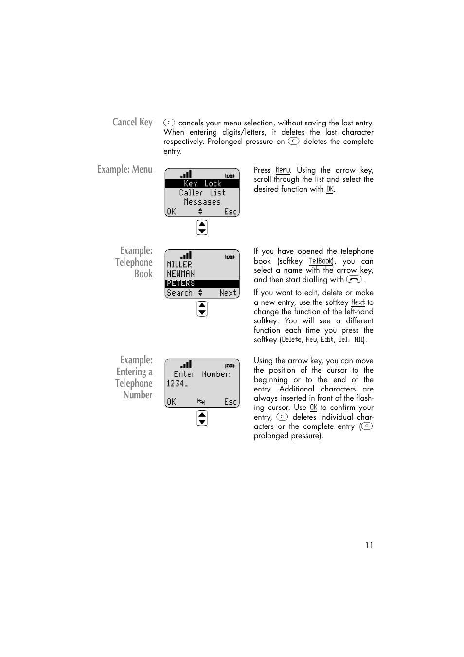 Cancel key, Example: menu, Example: telephone book | Example: entering a telephone number | Philips C922 User Manual | Page 13 / 38