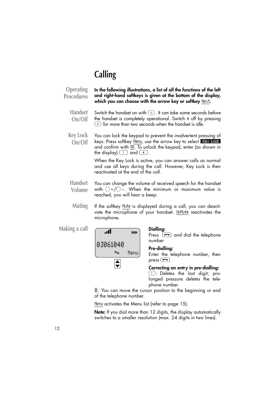 Calling, Operating procedures, Handset on/off | Key lock on/off, Handset volume, Muting, Making a call | Philips C922 User Manual | Page 14 / 38