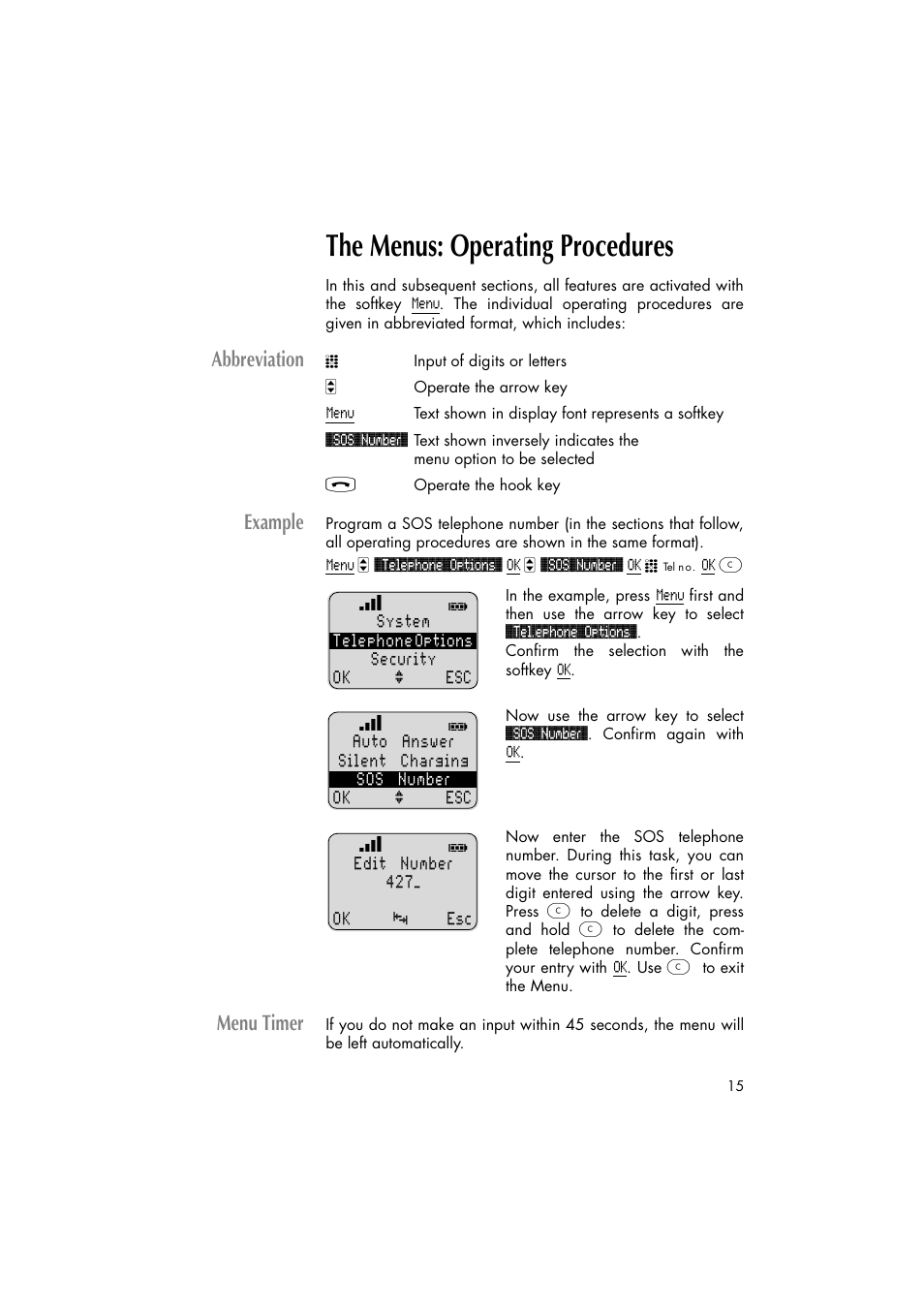 The menus: operating procedures, Abbreviation example menu timer, Abbreviation | Example, Menu timer | Philips C922 User Manual | Page 17 / 38