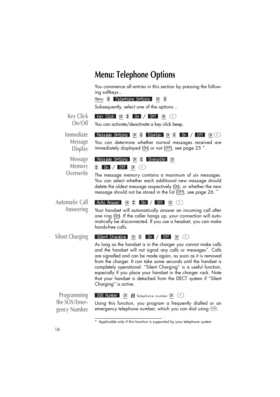 Menu: telephone options, Key click on/off, Immediate message display | Automatic call answering, Silent charging, Programming the sos/emer- gency number | Philips C922 User Manual | Page 18 / 38