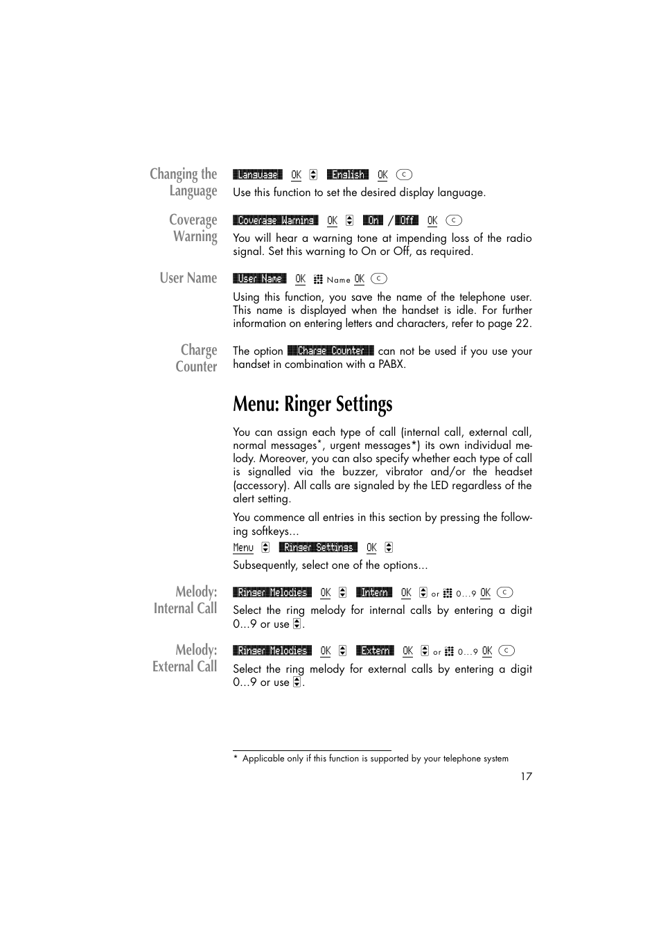 Menu: ringer settings, Melody: internal call melody: external call, Changing the language | Coverage warning, User name, Charge counter, Melody: internal call, Melody: external call | Philips C922 User Manual | Page 19 / 38