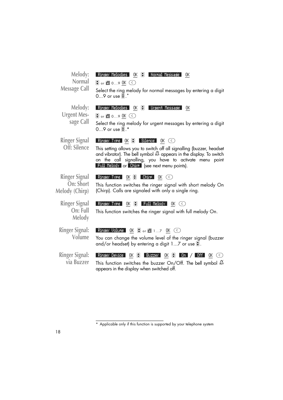 Melody: normal message call, Melody: urgent mes- sage call, Ringer signal off: silence | Ringer signal on: short melody (chirp), Ringer signal on: full melody, Ringer signal: volume, Ringer signal: via buzzer | Philips C922 User Manual | Page 20 / 38