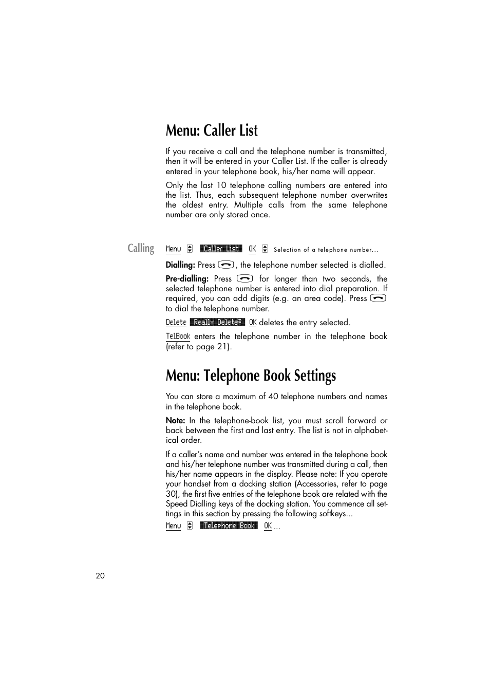 Menu: caller list, Calling, Menu: telephone book settings | Philips C922 User Manual | Page 22 / 38