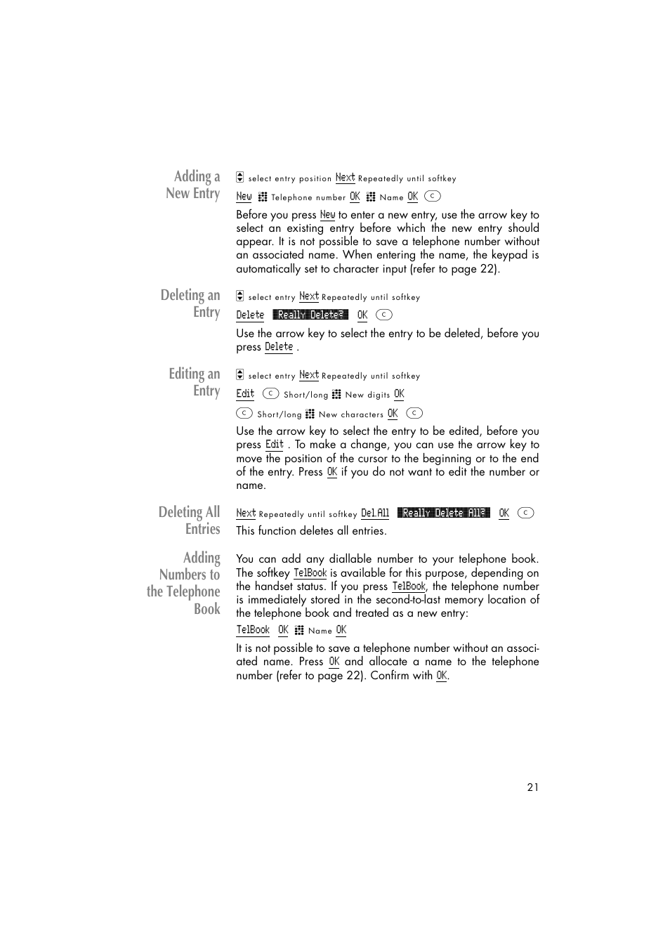 Adding a new entry, Deleting an entry, Editing an entry | Deleting all entries, Adding numbers to the telephone book | Philips C922 User Manual | Page 23 / 38