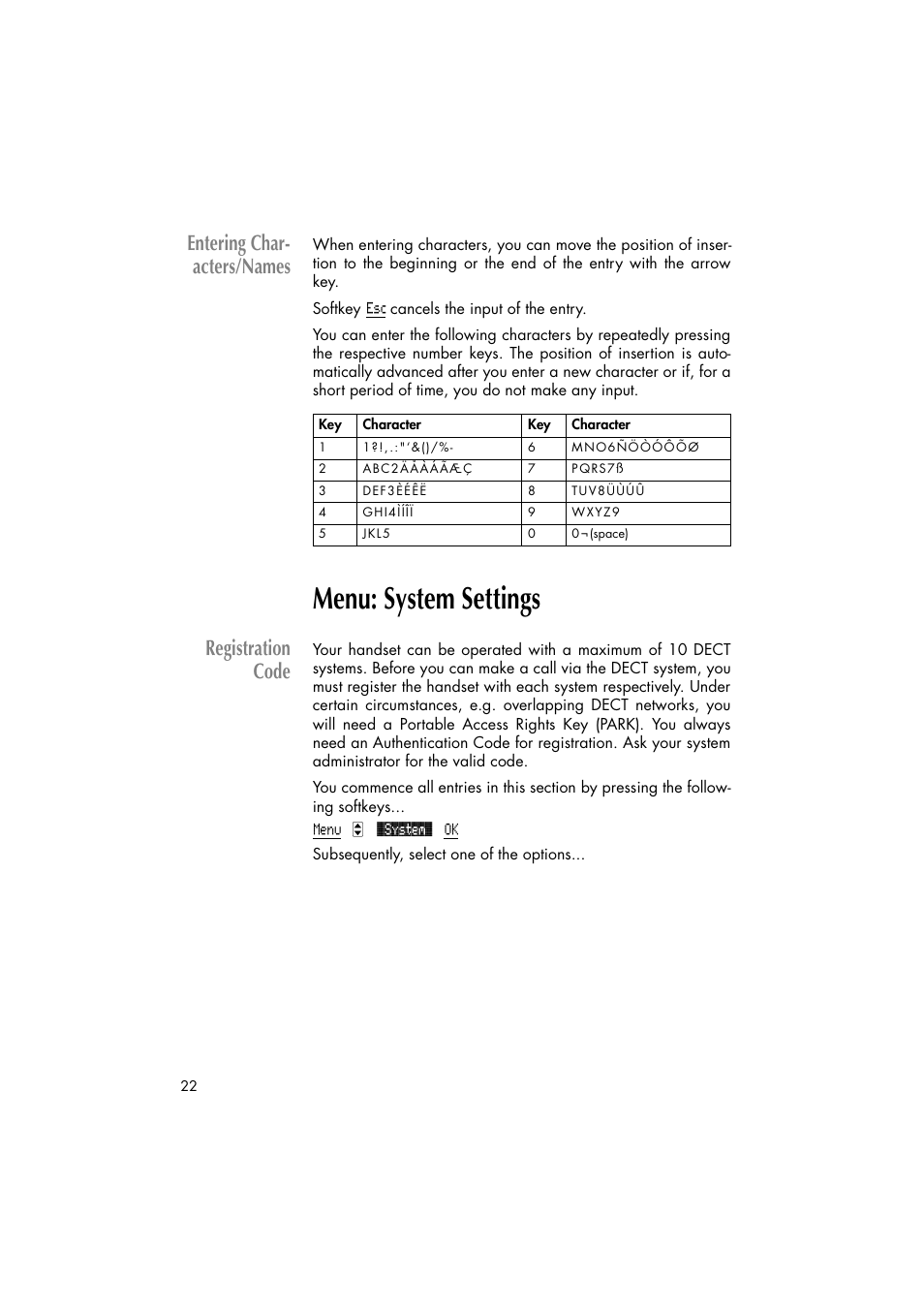 Entering characters/names, Menu: system settings, Registration code | Entering char- acters/names | Philips C922 User Manual | Page 24 / 38