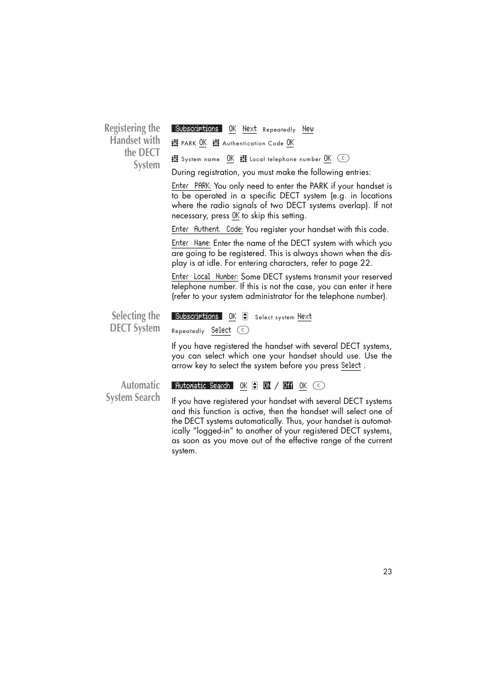 Registering the handset with the dect system, Selecting the dect system, Automatic system search | Philips C922 User Manual | Page 25 / 38