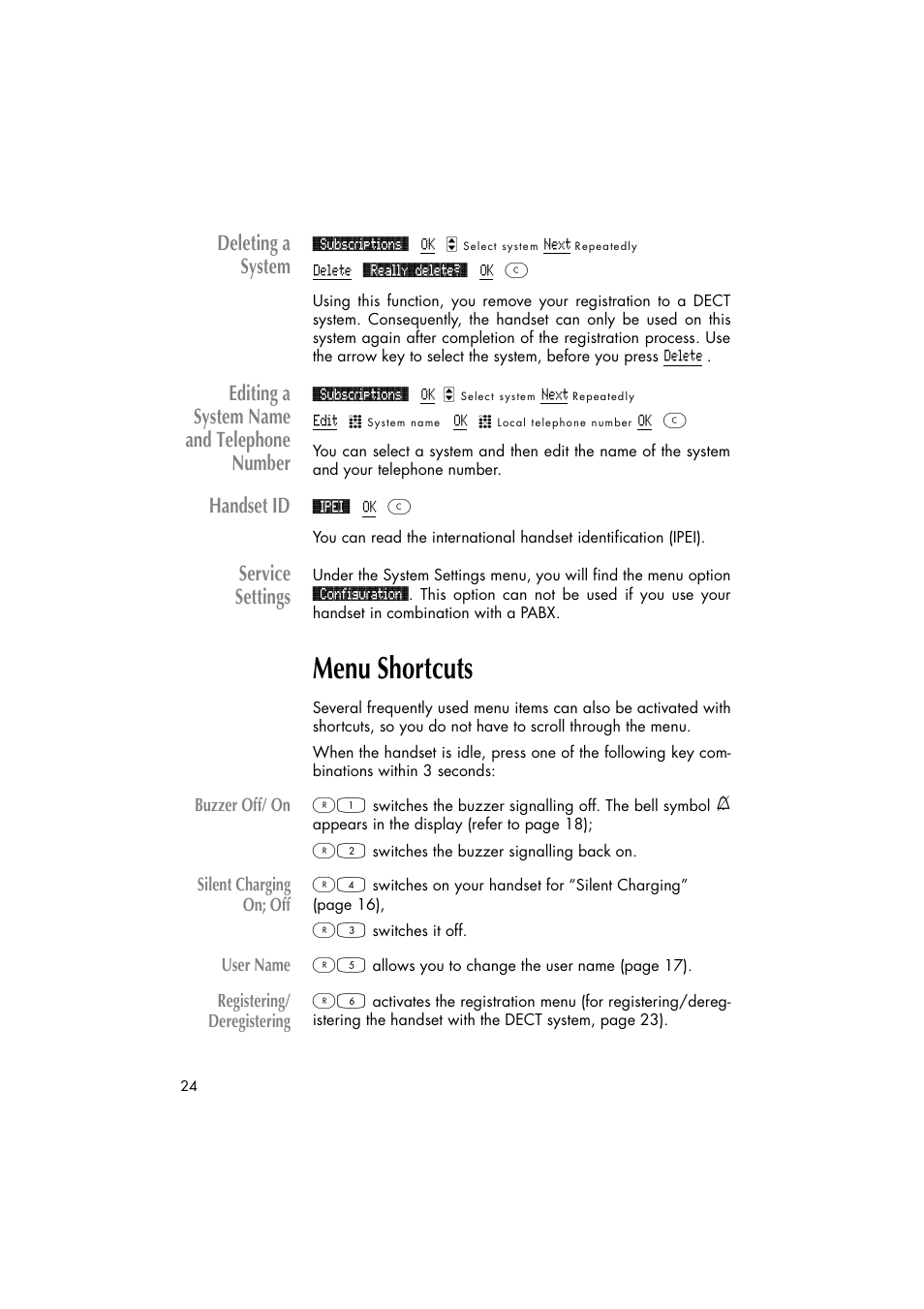 Menu shortcuts, Deleting a system, Editing a system name and telephone number | Handset id, Service settings | Philips C922 User Manual | Page 26 / 38