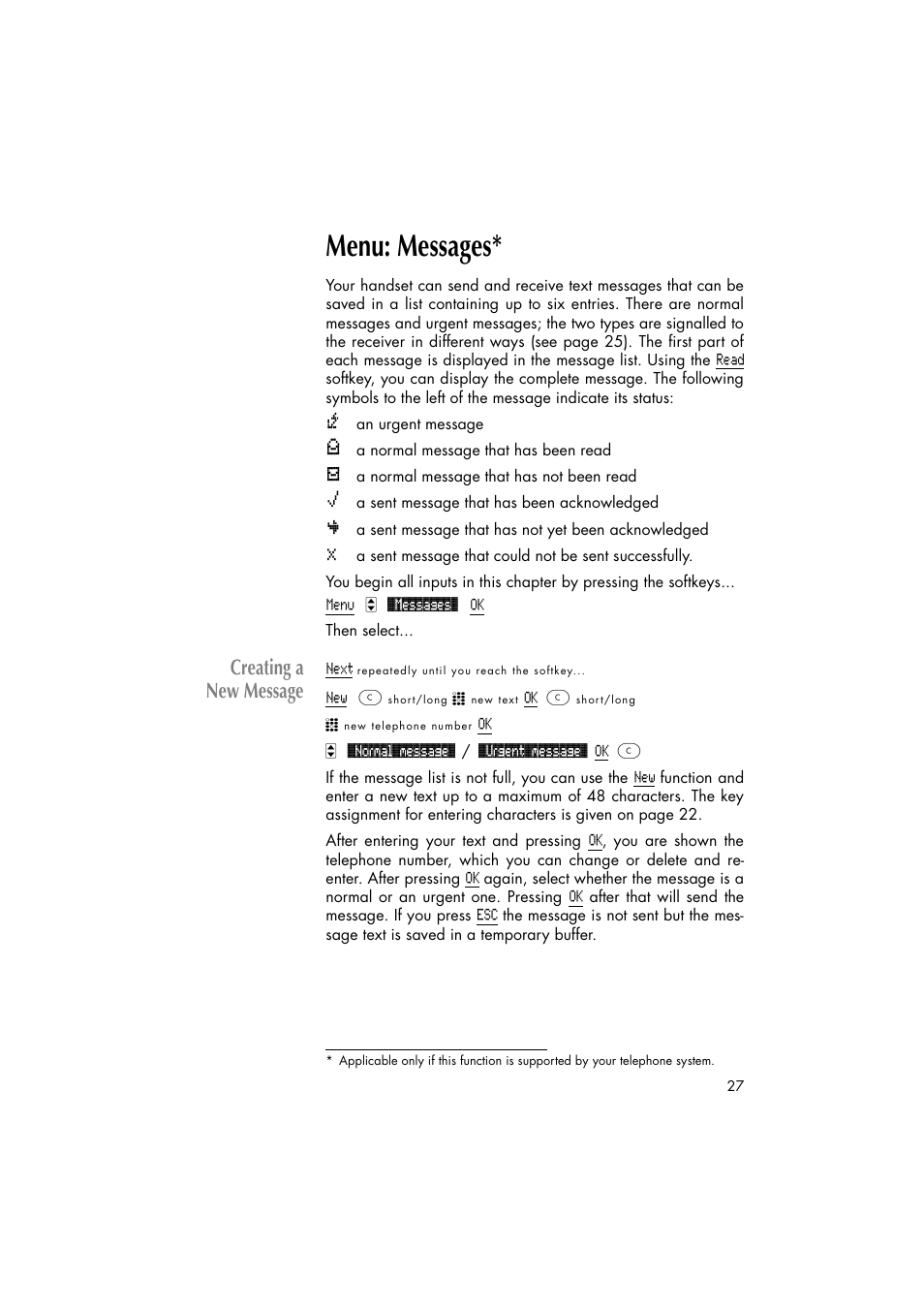 Menu: messages, Creating a new message | Philips C922 User Manual | Page 29 / 38