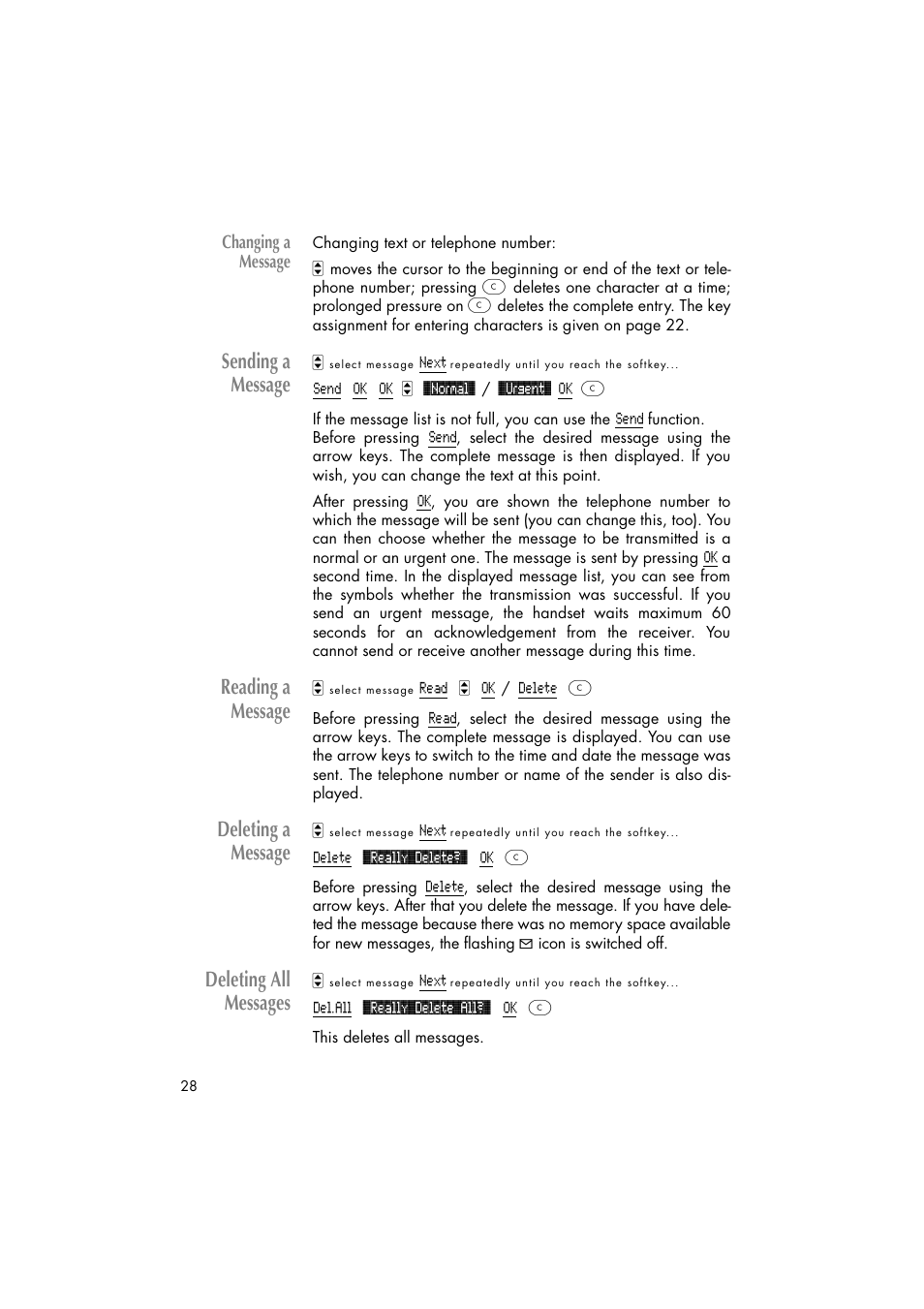 Sending a message, Reading a message, Deleting a message | Deleting all messages, Changing a message | Philips C922 User Manual | Page 30 / 38