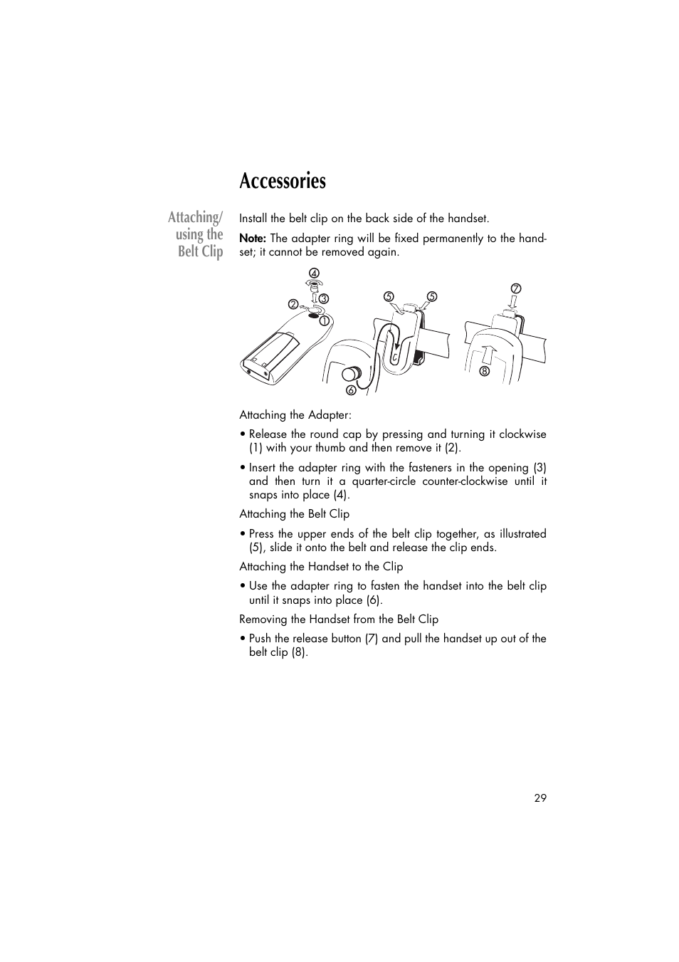 Accessories, Attaching/using the belt clip, Attaching/ using the belt clip | Philips C922 User Manual | Page 31 / 38