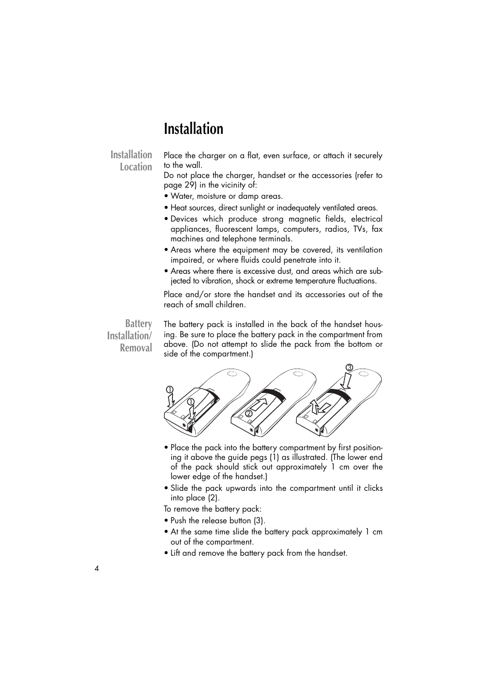 Installation, Installation location, Battery installation/ removal | Philips C922 User Manual | Page 6 / 38