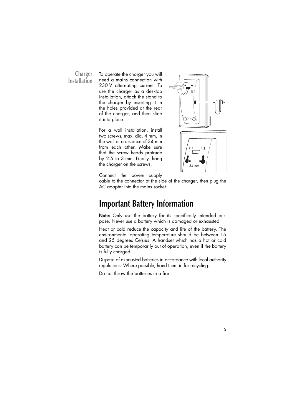 Charger installation, Important battery information | Philips C922 User Manual | Page 7 / 38