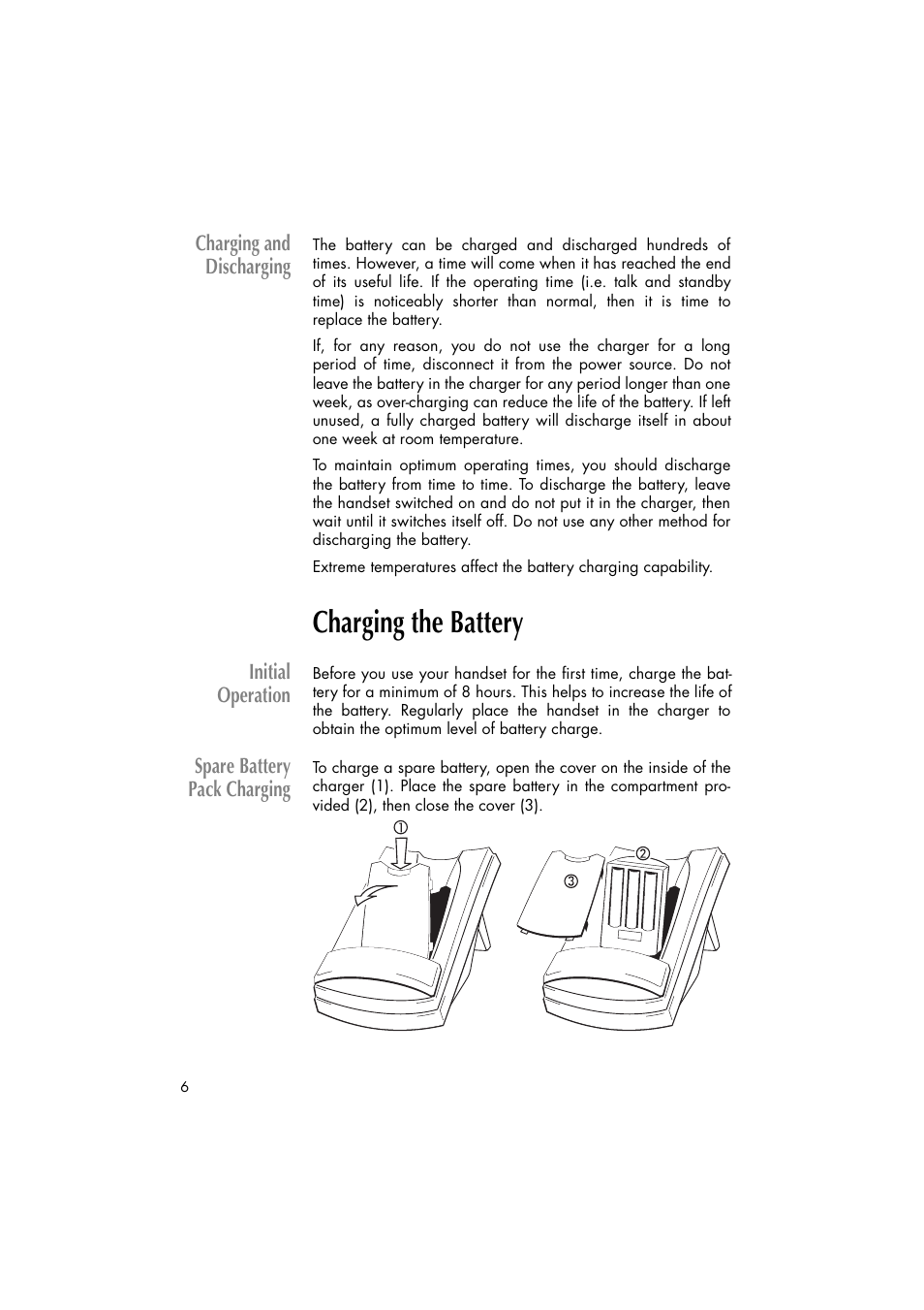 Charging and discharging, Charging the battery, Initial operation spare battery pack charging | Philips C922 User Manual | Page 8 / 38