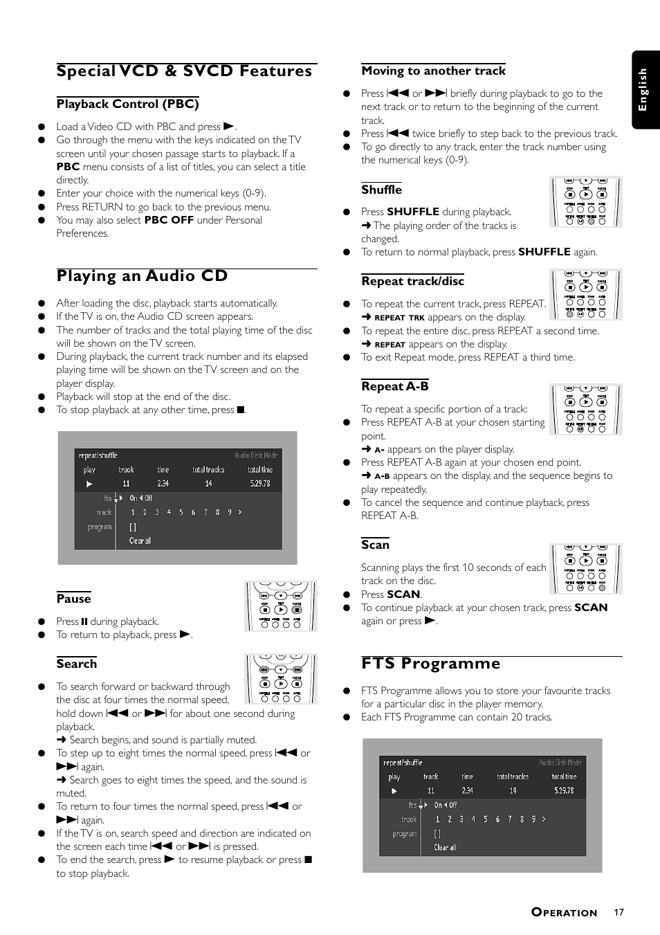 Special vcd & svcd features, Playing an audio cd, Fts programme | Philips DVD870P User Manual | Page 17 / 22