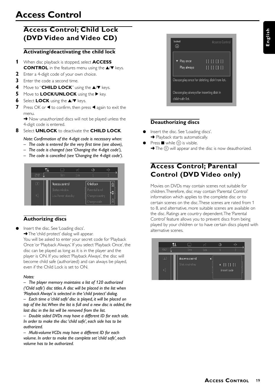 Access control, Access control; parental control (dvd video only) | Philips DVD870P User Manual | Page 19 / 22