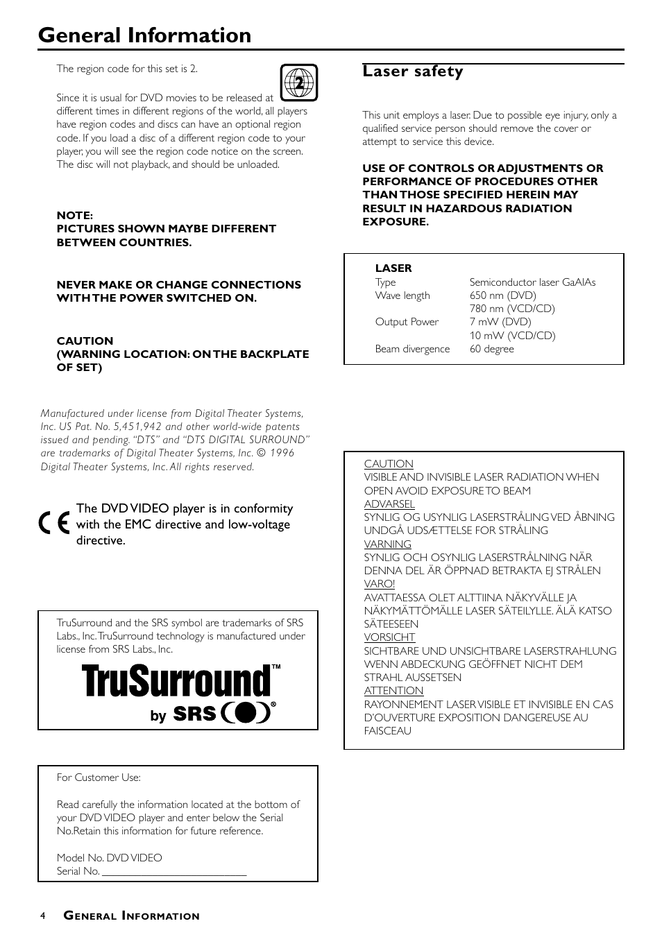 General information, Laser safety | Philips DVD870P User Manual | Page 4 / 22