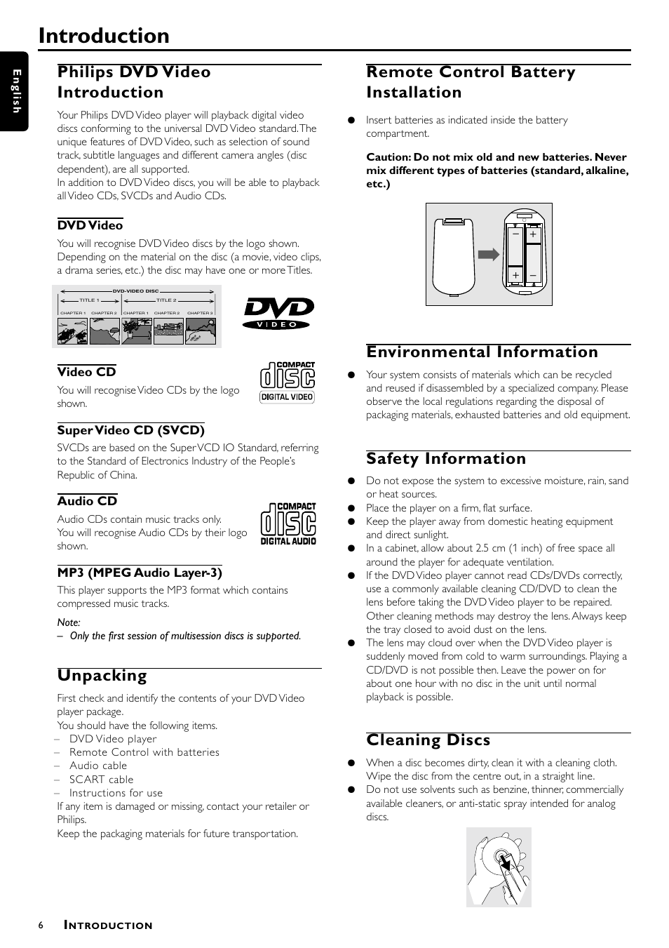 Introduction, Philips dvd video introduction, Unpacking | Remote control battery installation, Environmental information, Safety information, Cleaning discs | Philips DVD870P User Manual | Page 6 / 22