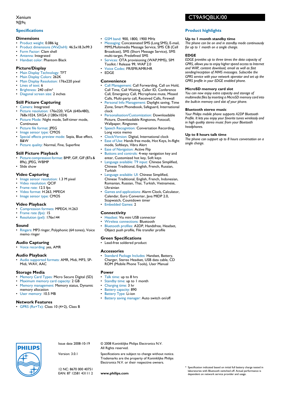 Ct9a9qblk/00 | Philips Xenium CT9A9QBLK User Manual | Page 2 / 2