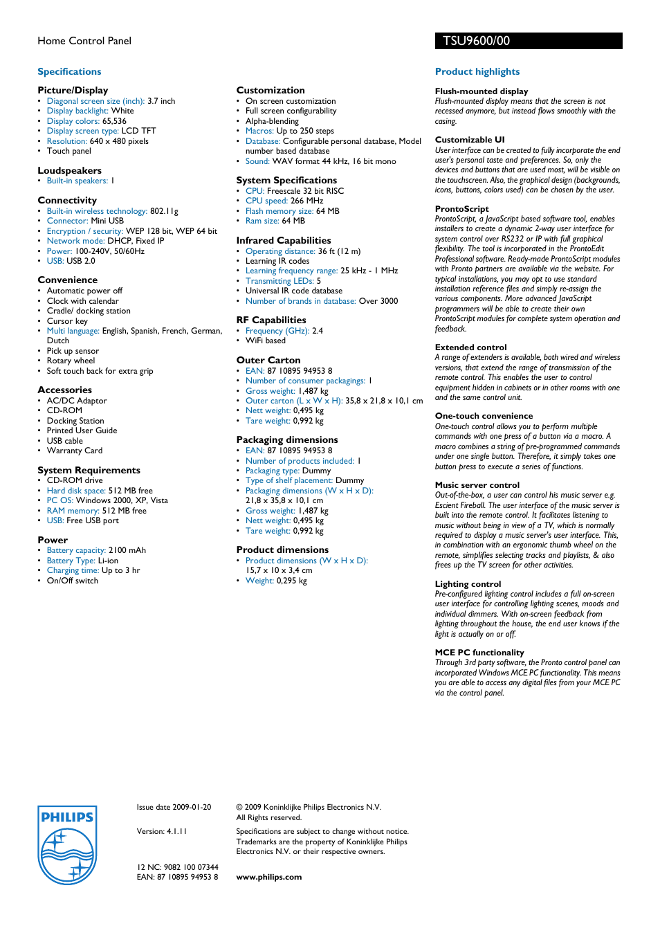 Philips Pronto TSU9600/00 User Manual | Page 2 / 2