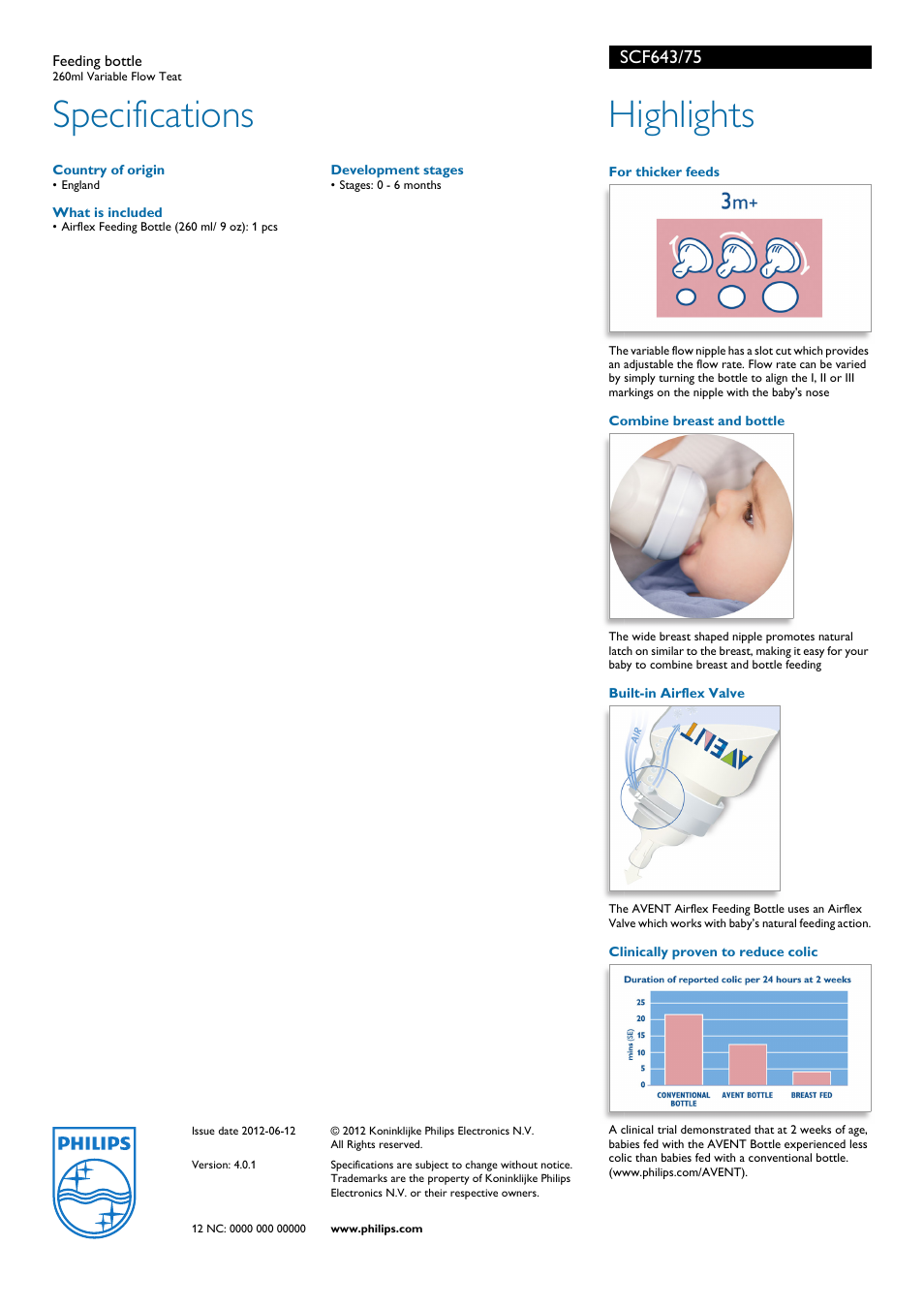 Specifications, Highlights | Philips Avent SCF643/75 User Manual | Page 2 / 2