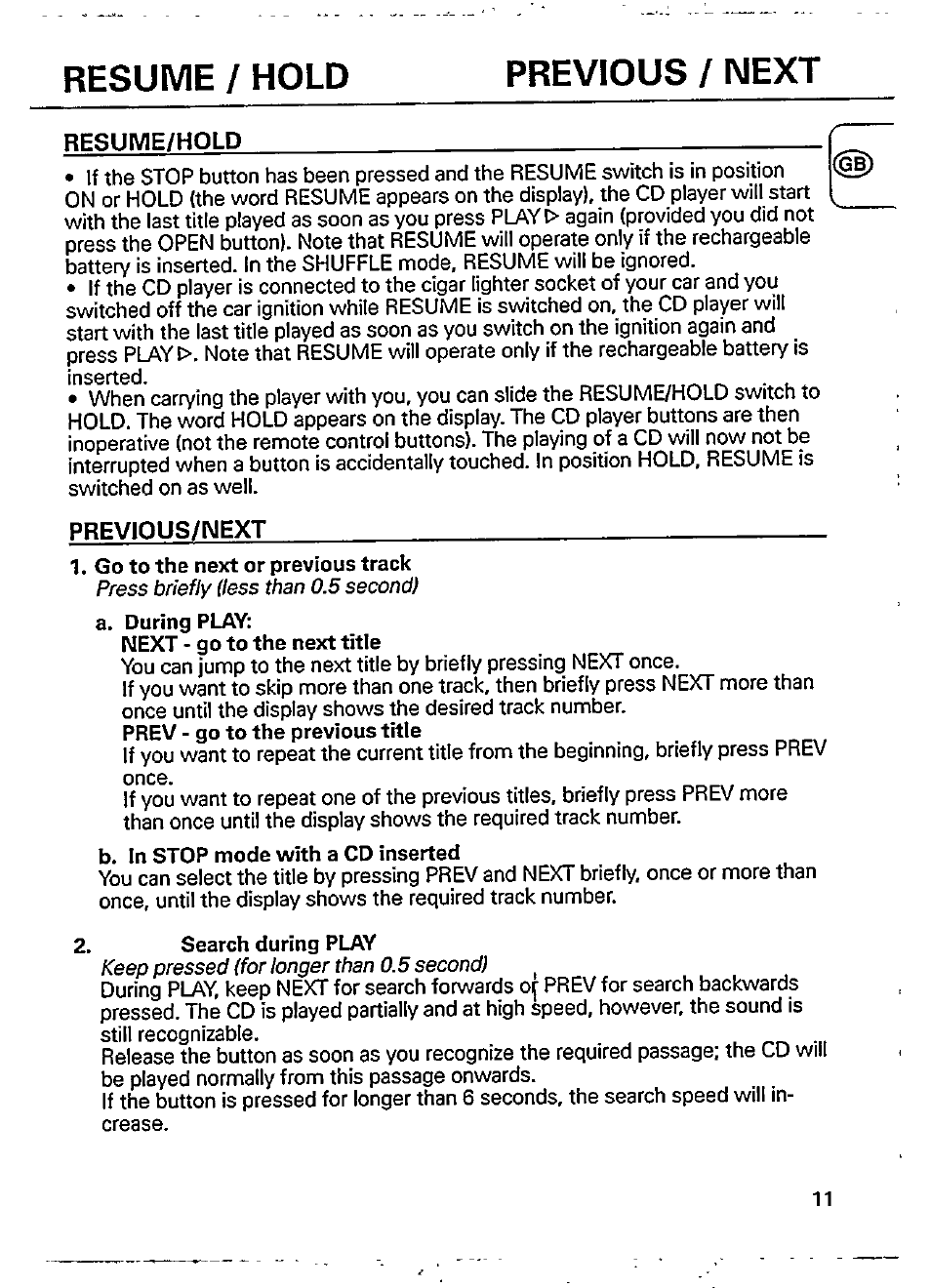 Resume/hold, Previous/imext, Resume / hold previous / next | Philips AZ 6826 User Manual | Page 11 / 18