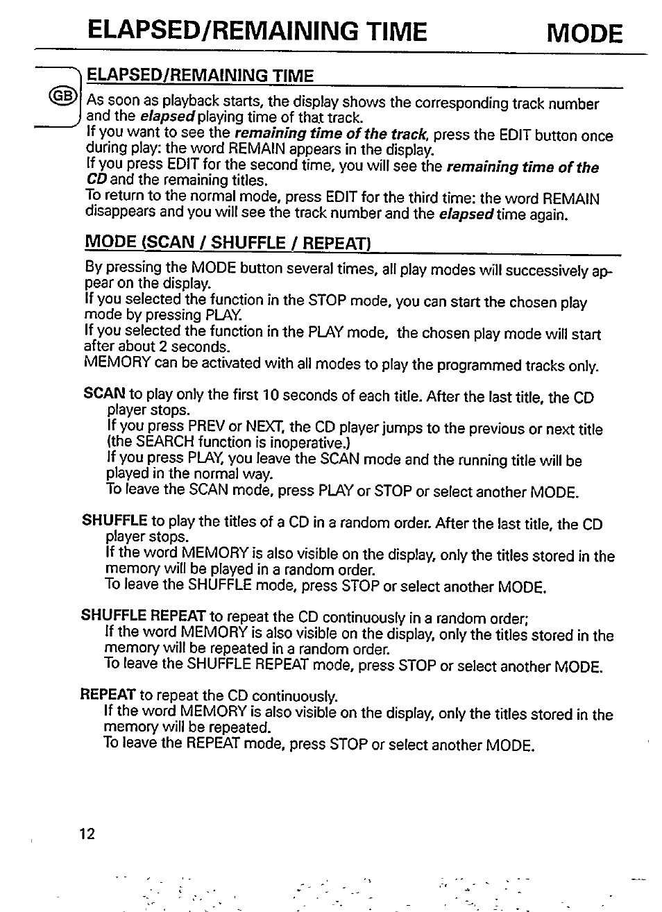 Elapsed/remaining time, Mode (scan / shuffle / repeat), Elapsed/remaining time mode | Philips AZ 6826 User Manual | Page 12 / 18