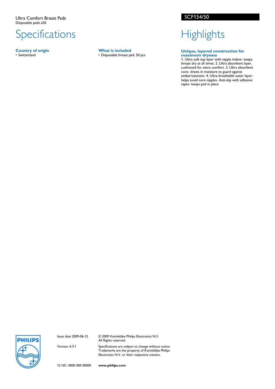 Specifications, Highlights, Philips | Philips AVENT SCF154/50 User Manual | Page 2 / 2