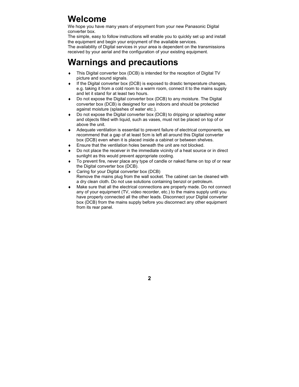 Welcome, Warnings and precautions | Philips TU-CT20 User Manual | Page 3 / 12