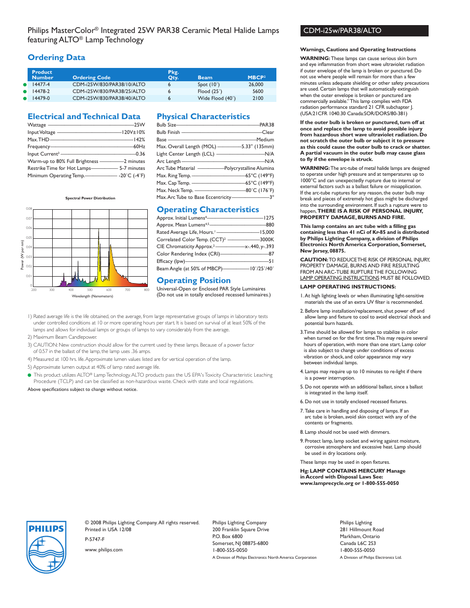 Philips mastercolor, Lamp technology ordering data, Electrical and technical data | Physical characteristics, Operating characteristics, Operating position, Cdm-i25w/par38/alto | Philips Alto CDM-i25w User Manual | Page 2 / 2