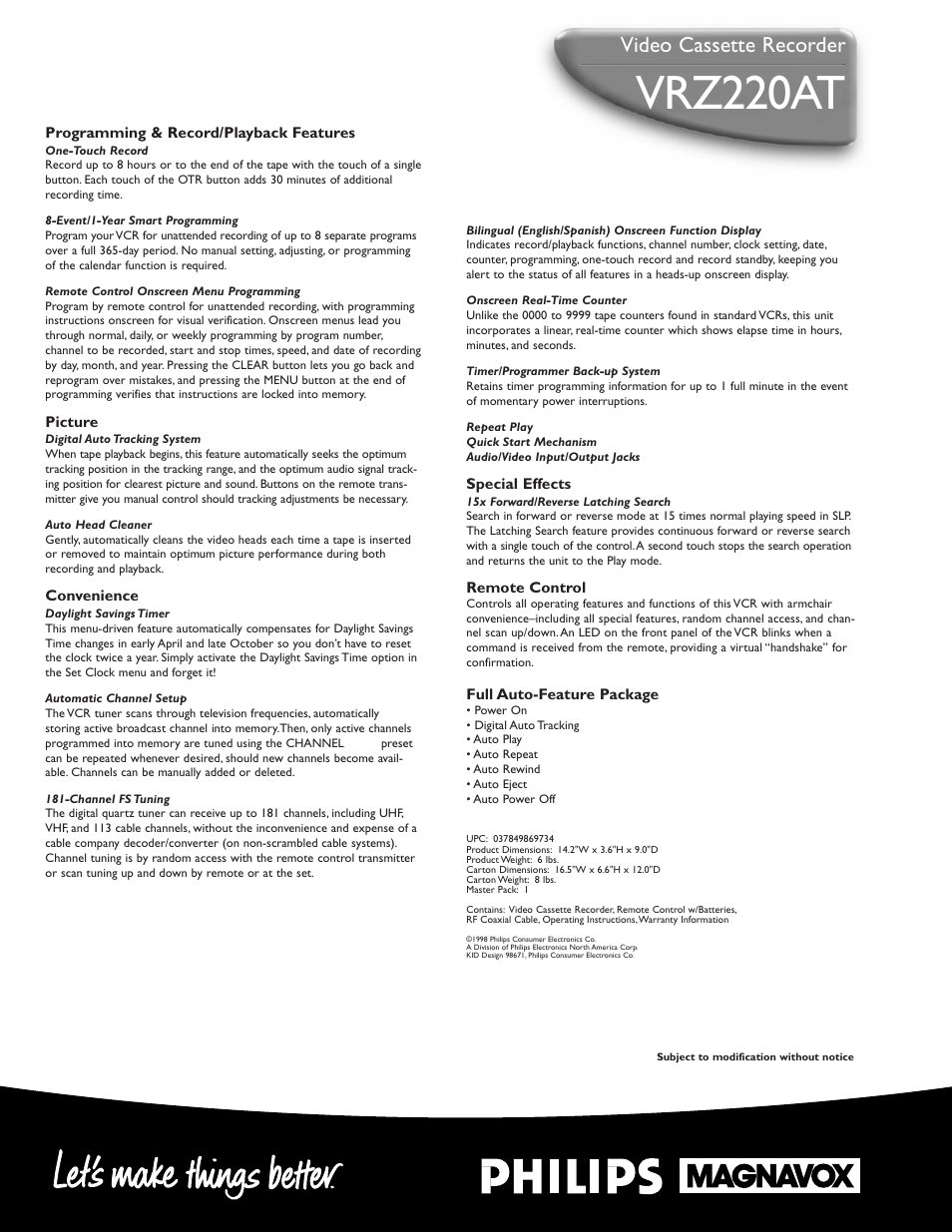 Vrz220at, Video cassette recorder | Philips VRZ220AT User Manual | Page 2 / 2