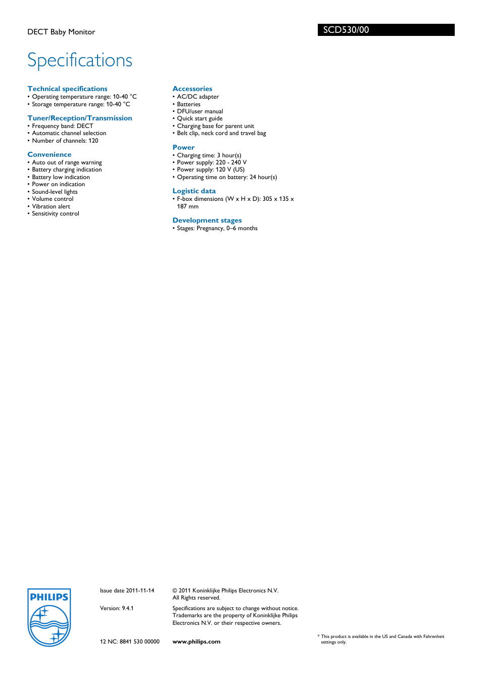 Specifications | Philips SCD530/00 User Manual | Page 3 / 3