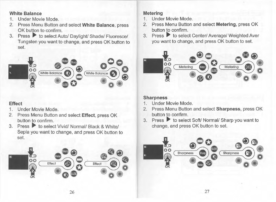 White balance, Metering, Effect | Sharpness, Effect metering sharpness | Philips SIC 4523 User Manual | Page 14 / 32