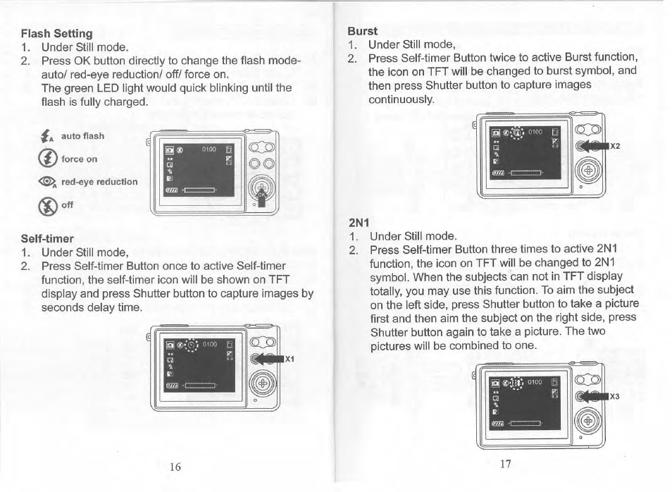 Flash setting, Self-timer, Burst | Flash setting self-timer burst | Philips SIC 4523 User Manual | Page 9 / 32