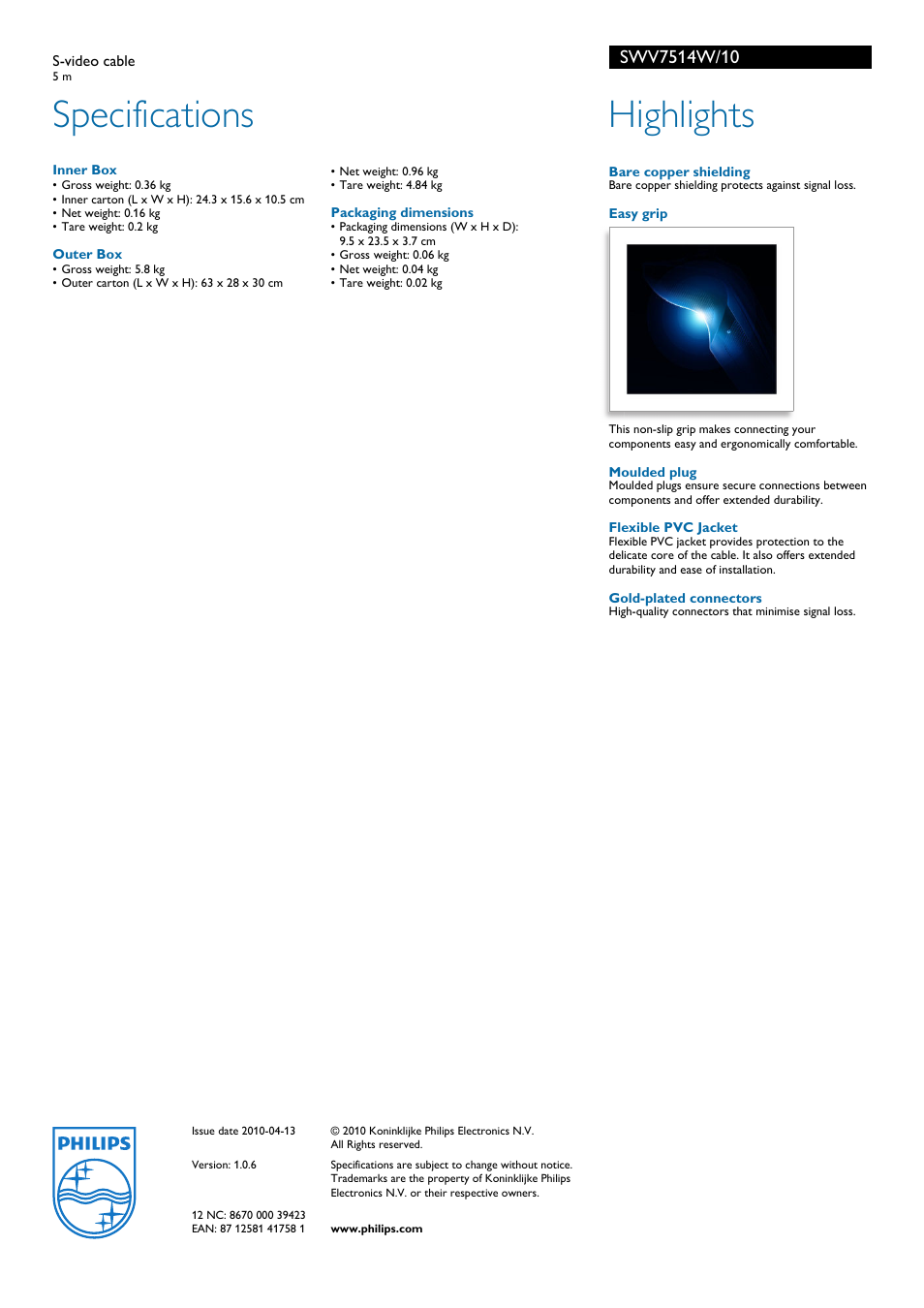 Specifications, Highlights | Philips 5 m SWV7514W/10 User Manual | Page 2 / 2