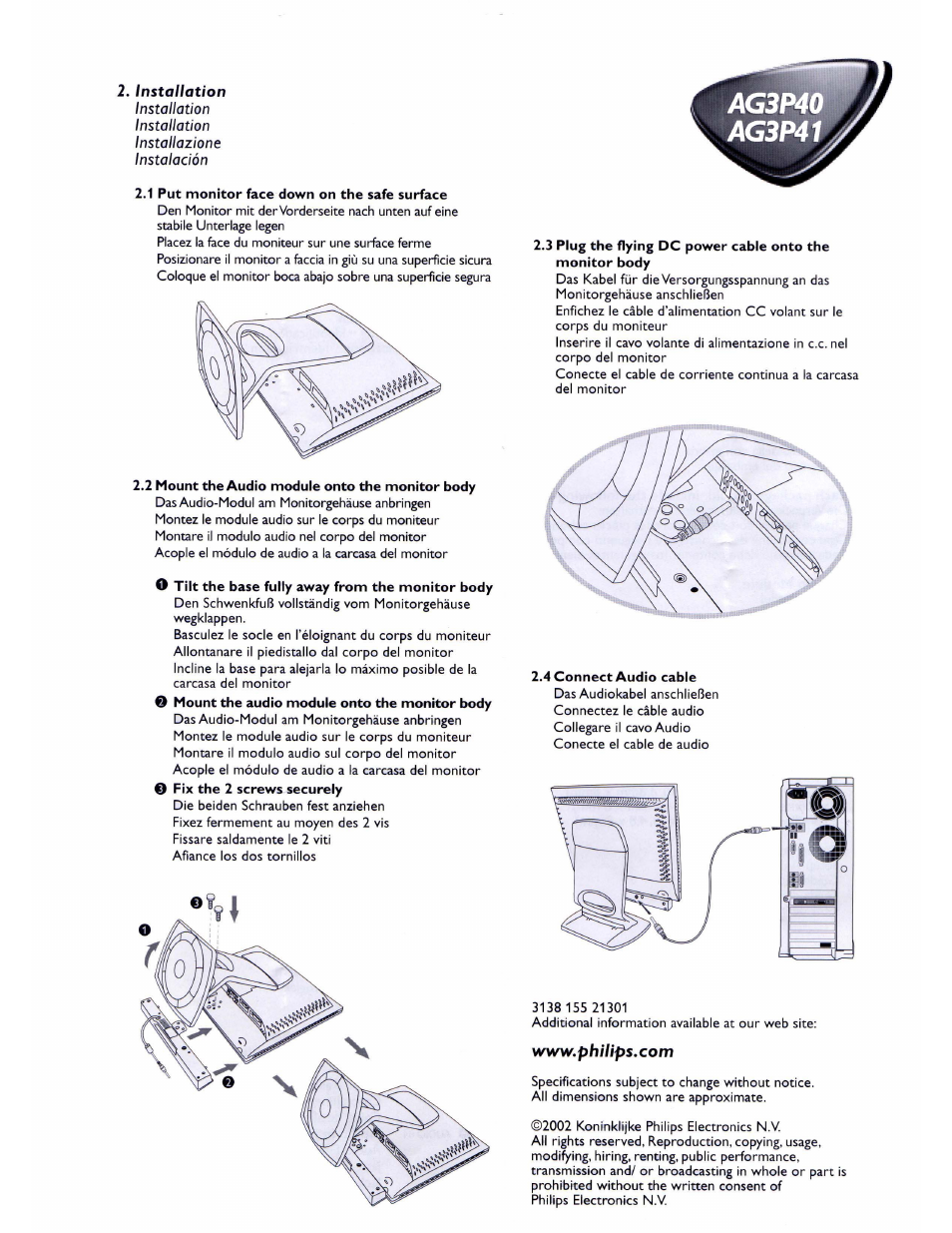 Installation, 1 put monitor face down on the safe surface, 2 mount the audio module onto the monitor body | O tilt the base fully away from the monitor body, 9 mount the audio module onto the monitor body, 4 connect audio cable | Philips Audio Chin AG3P40 User Manual | Page 2 / 2