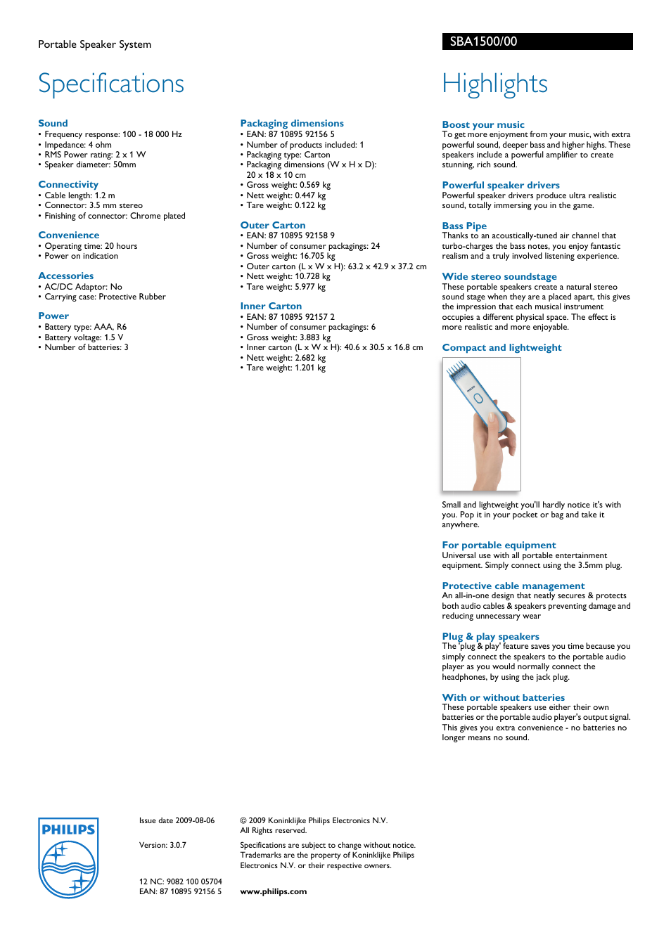 Specifications, Highlights | Philips SBA1500/00 User Manual | Page 2 / 2