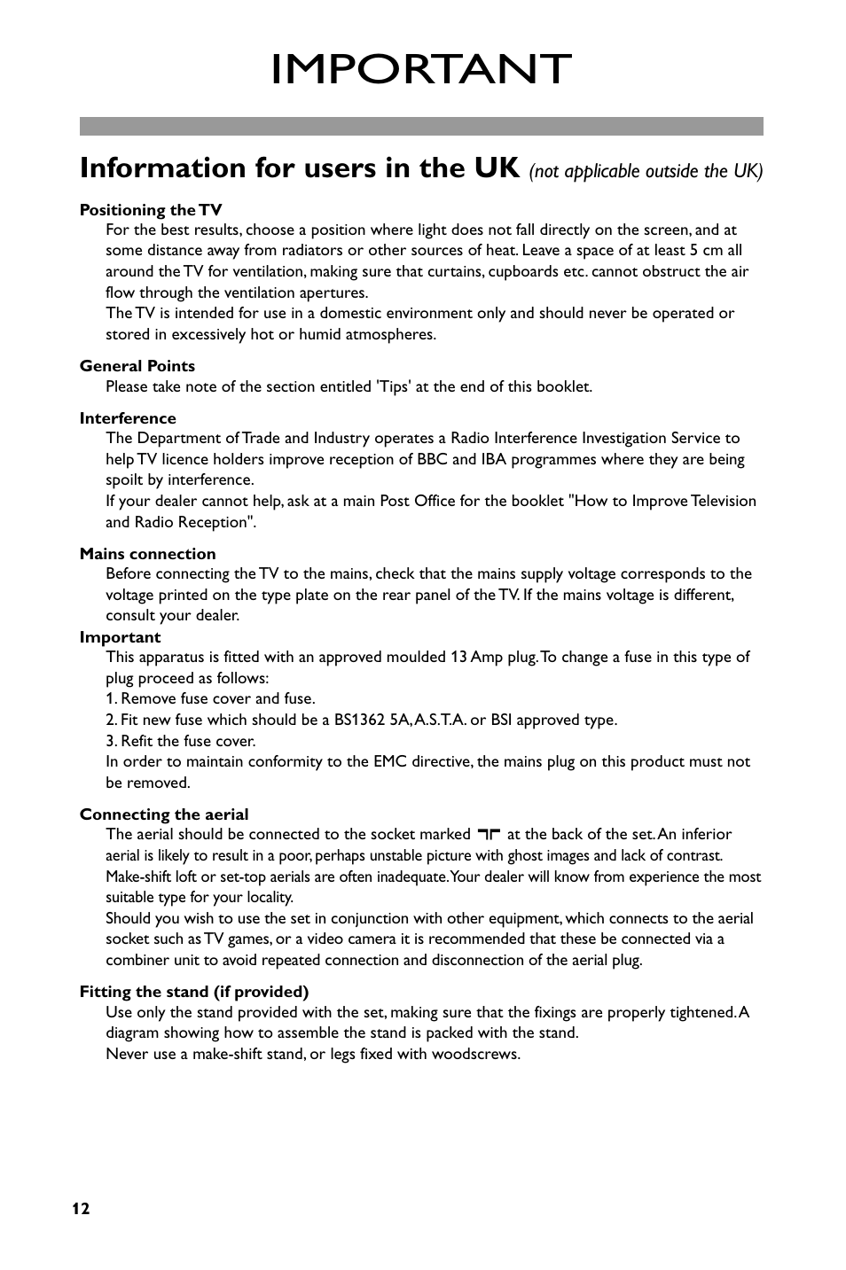 Important, Information for users in the uk | Philips 14PT1686/01P User Manual | Page 14 / 16