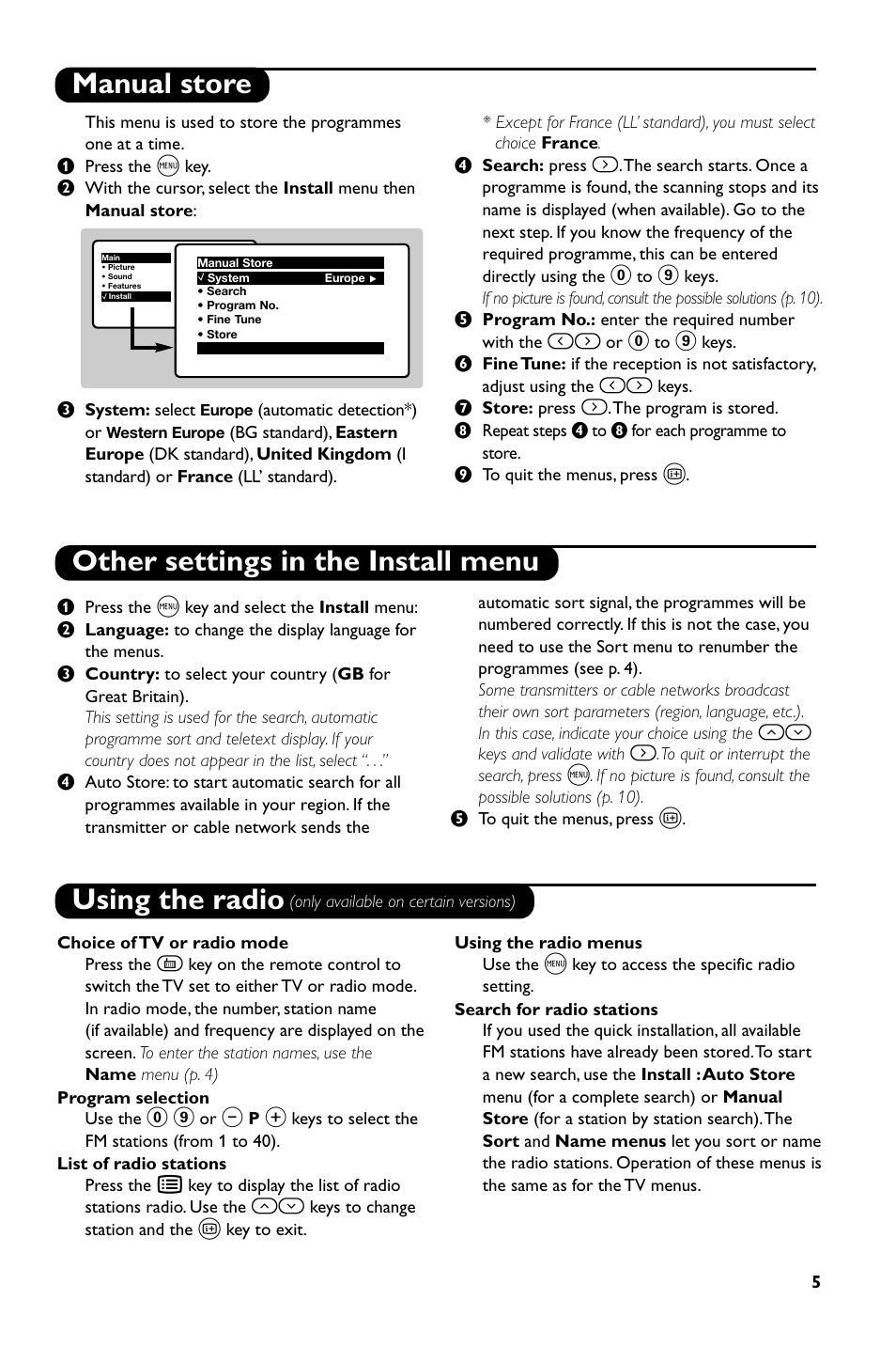 Manual store other settings in the install menu, Using the radio | Philips 14PT1686/01P User Manual | Page 7 / 16