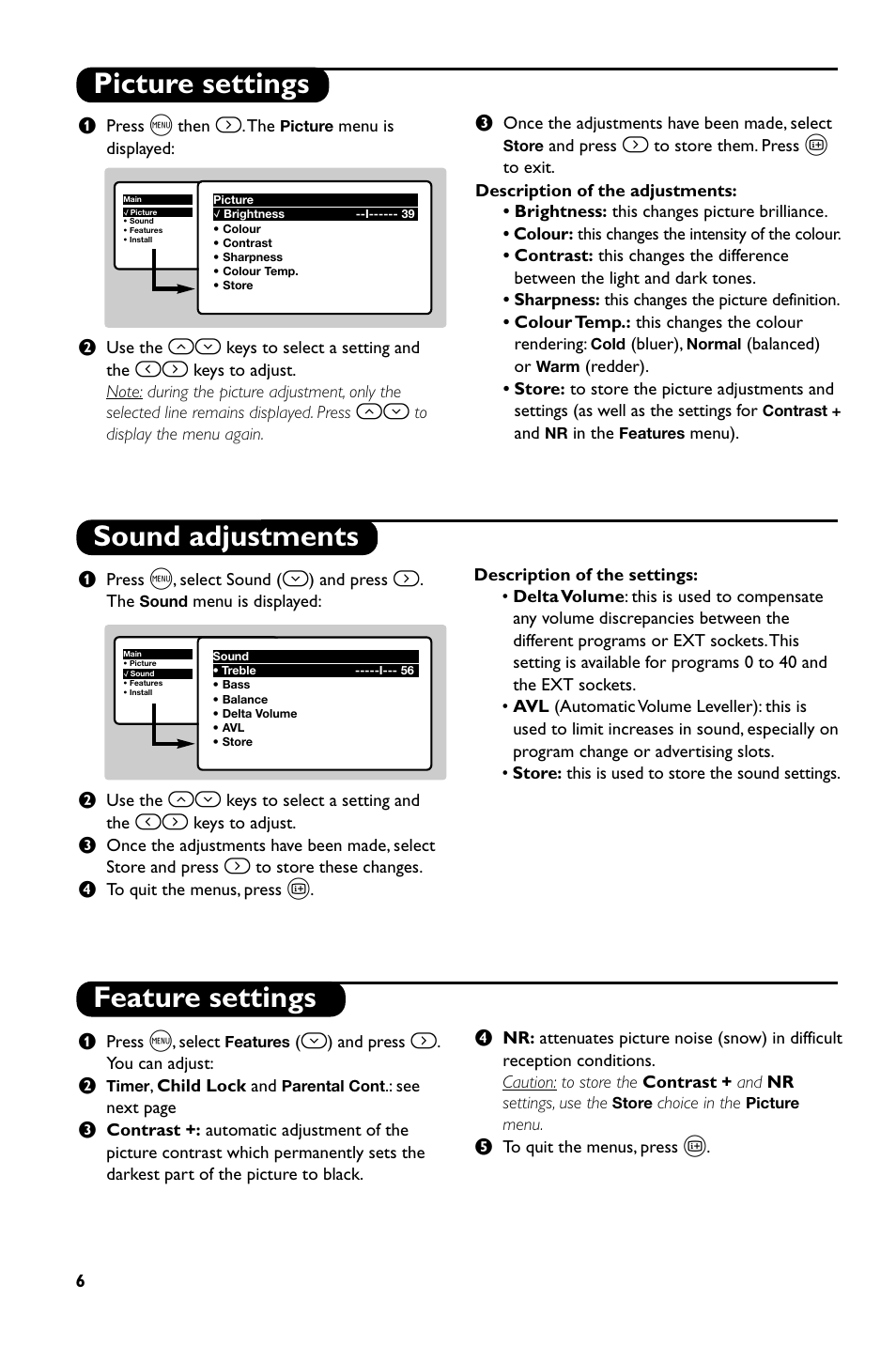 Picture settings sound adjustments, Feature settings | Philips 14PT1686/01P User Manual | Page 8 / 16