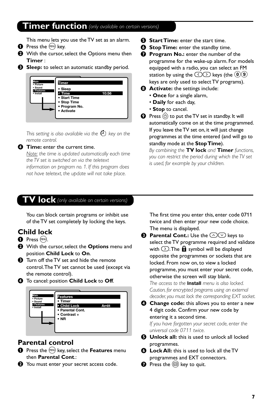 Timer function, Tv lock, Child lock | Parental control | Philips 14PT1686/01P User Manual | Page 9 / 16